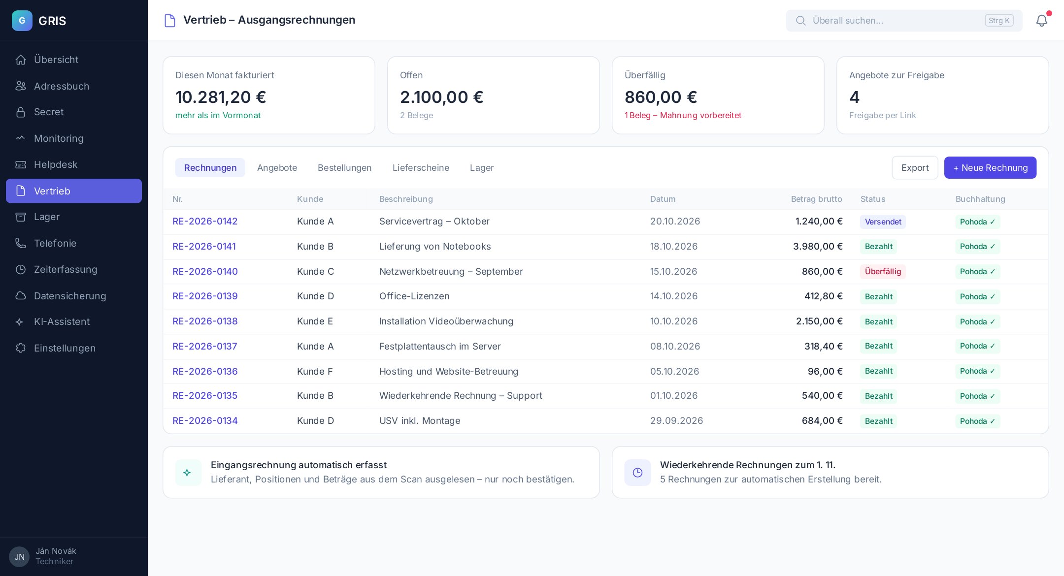 Beispielbildschirm: Vertriebsmodul mit Rechnungsliste