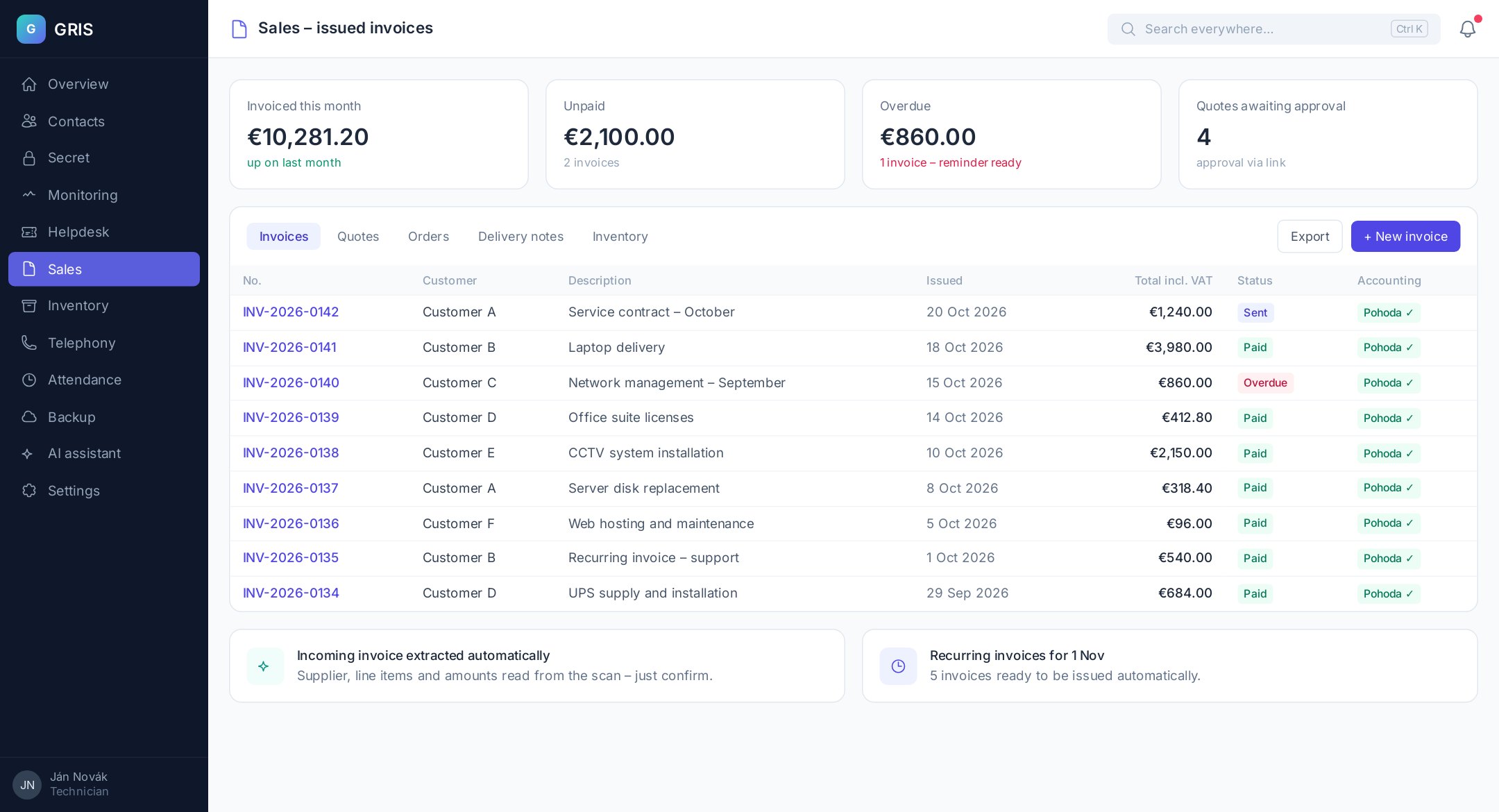 Illustrative screen: sales module with a list of invoices