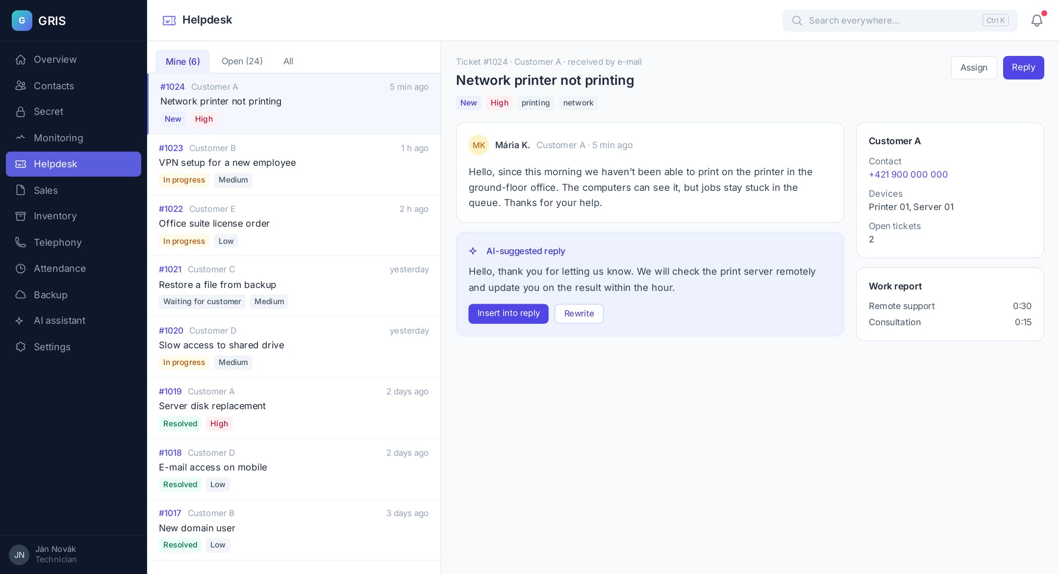 Illustrative screen: helpdesk with a ticket list and an AI-suggested reply